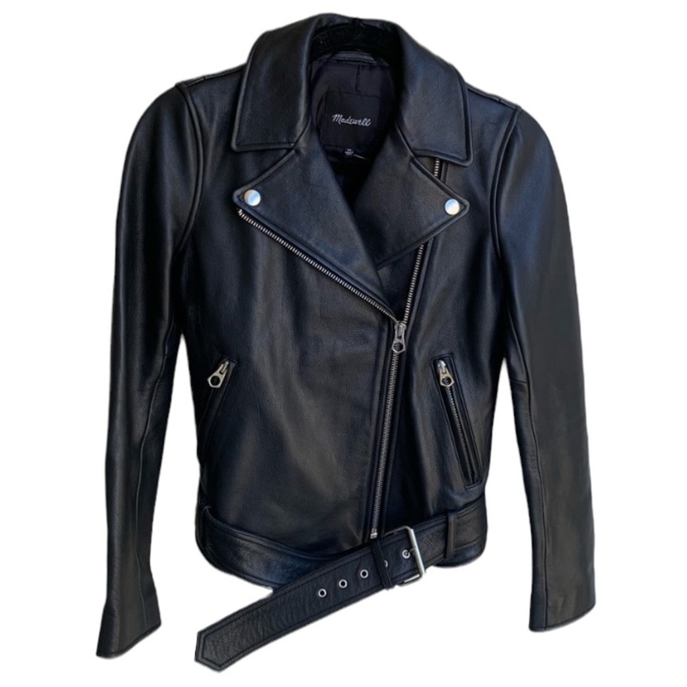 NEW Madewell Ultimate Leather Jacket XS Motorcycle Black Heavy Belt K1086 Silver